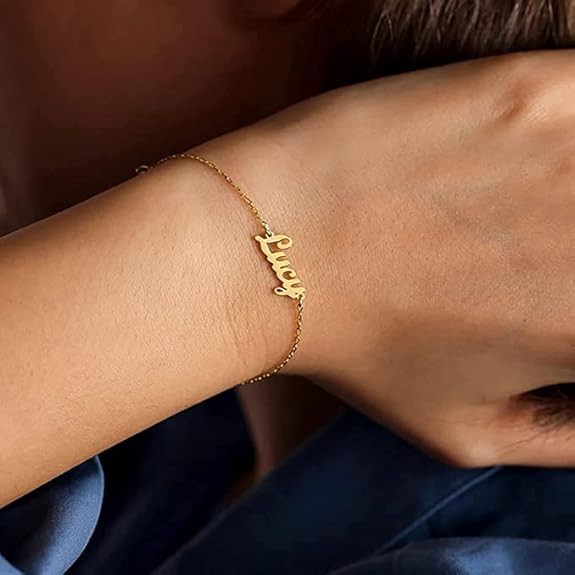 Personalised Name Chain Bracelet for Women & Girls | Customised Script Font Nameplate Bracelet | Stainless Steel Gold Plated Custom Jewellery Gift for Her