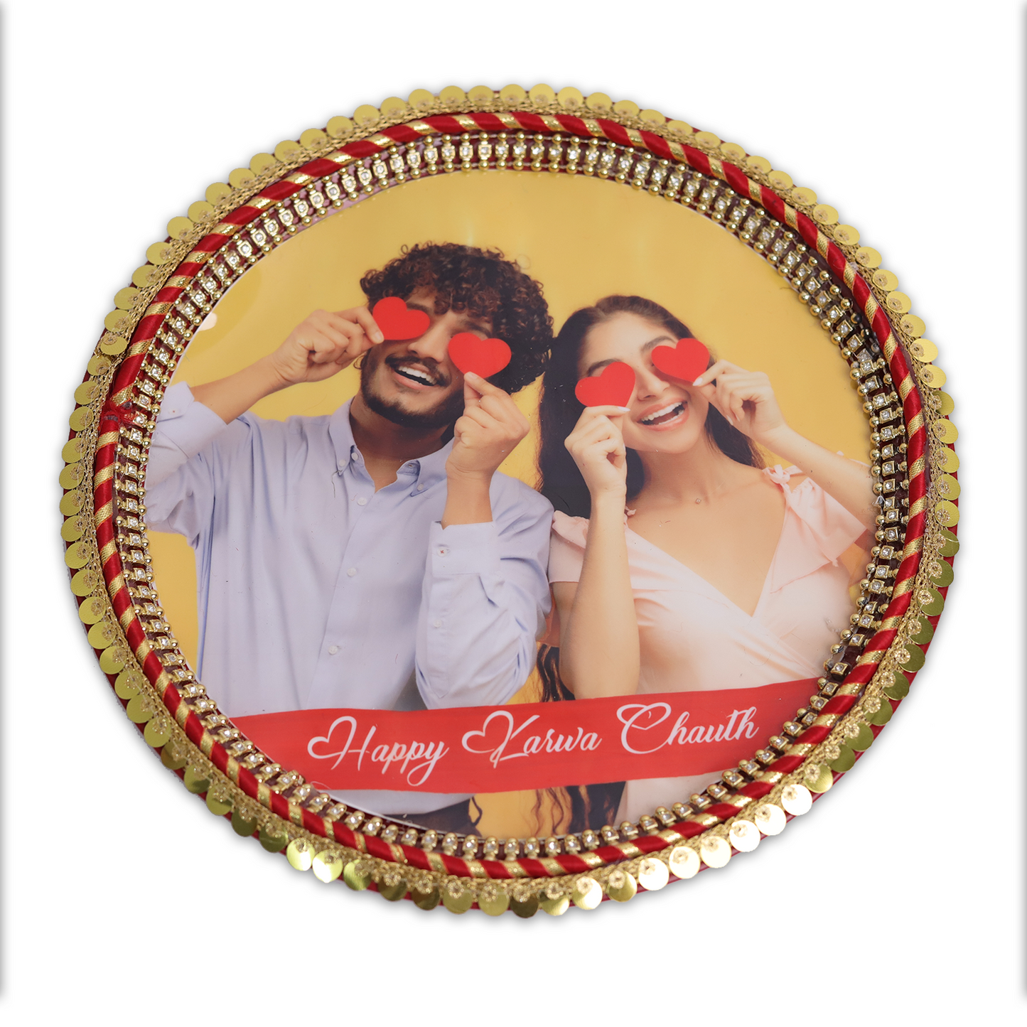 MOSKAI Custom Photo Thali with Gold and Red | Personalized Decorative Pooja Thali