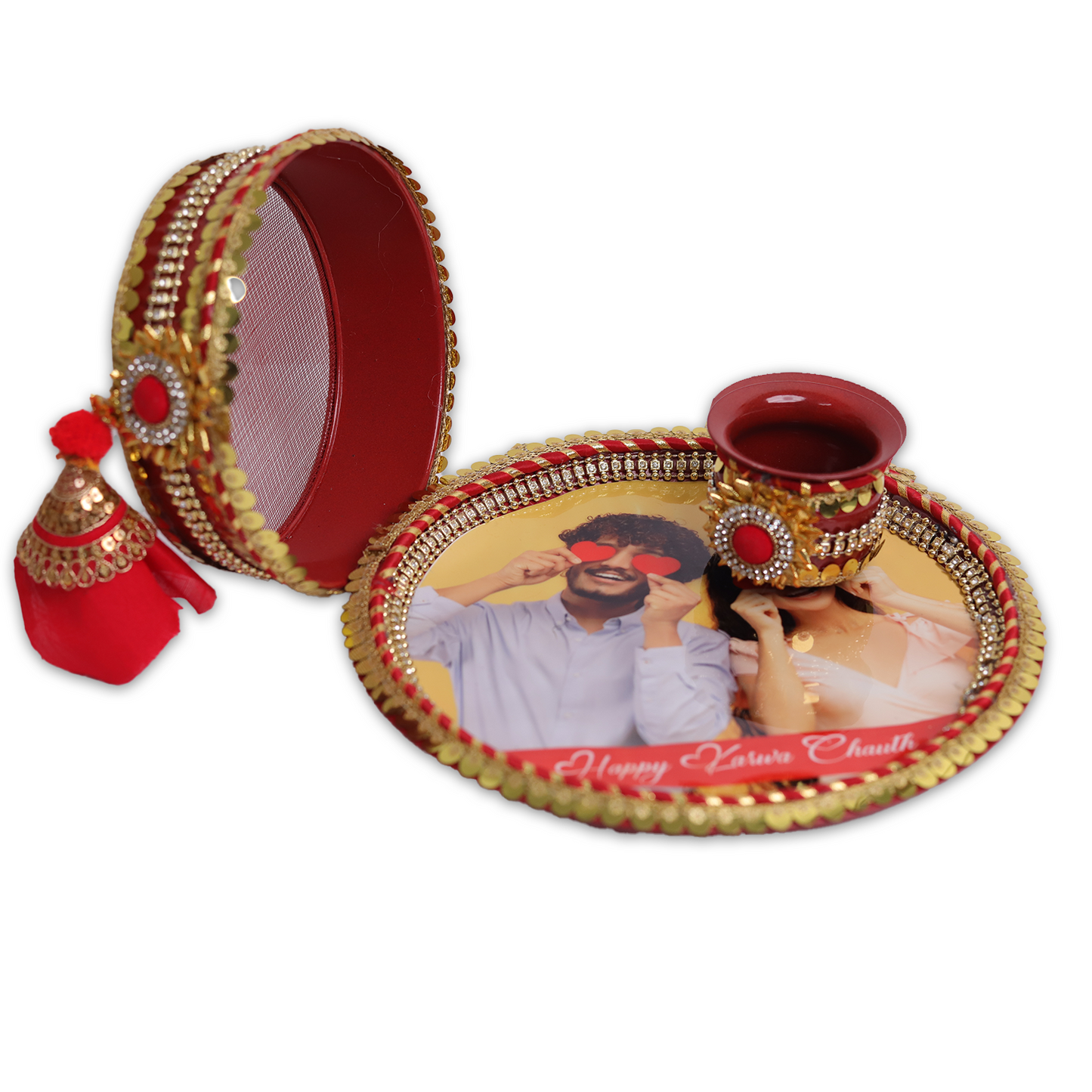 MOSKAI Custom Photo Thali with Gold and Red | Personalized Decorative Pooja Thali