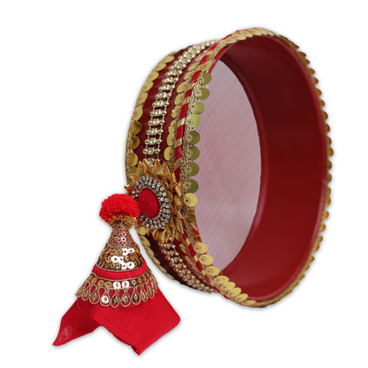 MOSKAI Custom Photo Thali with Gold and Red | Personalized Decorative Pooja Thali