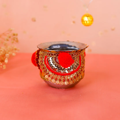 Karwa Chauth Thali Set with Cover | Red Mirror Finish Steel Thali