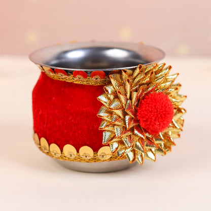 Blessings in Red Ganesha-Themed Karwa Chauth Thali Set | Steel Thali