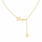 Custom Script Name & Initial Y-Lariat Necklace – Personalized Lariat Nameplate with Drop Alphabet Letter