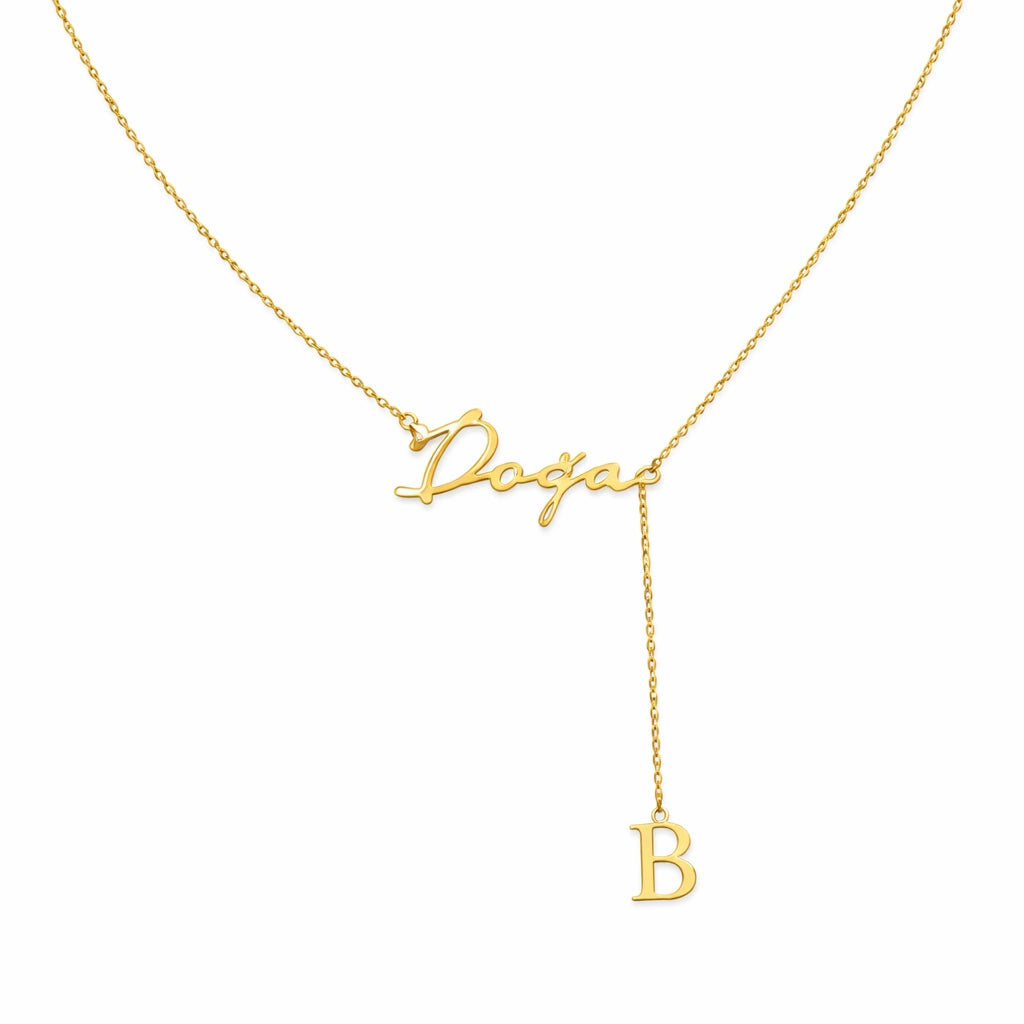 Custom Script Name & Initial Y-Lariat Necklace – Personalized Lariat Nameplate with Drop Alphabet Letter