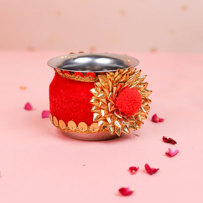 Red Designer Karwa Chauth Thali Set with Cover | Steel Thali Channi and Kalash