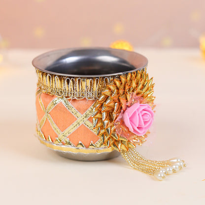 Orange Chequered Karwa Chauth Thali Set | Steel Thali