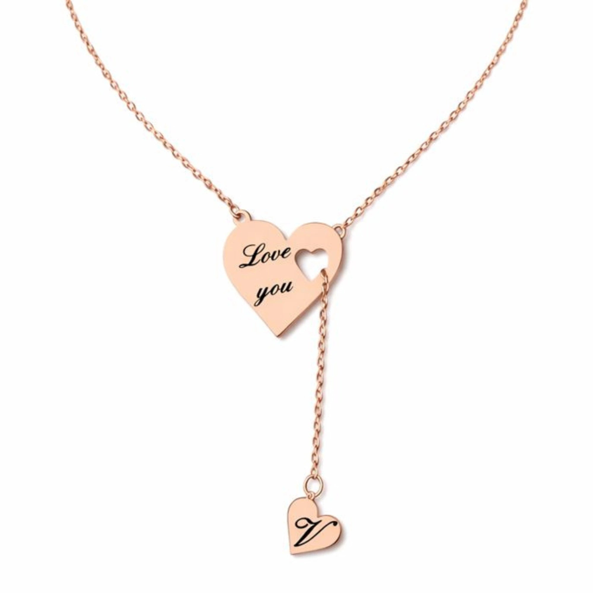 Personalized Heart Y-Lariat Necklace with Custom Initial – Engraved "Love You" Pendant-Romantic Birthday & Anniversary Gift for Her