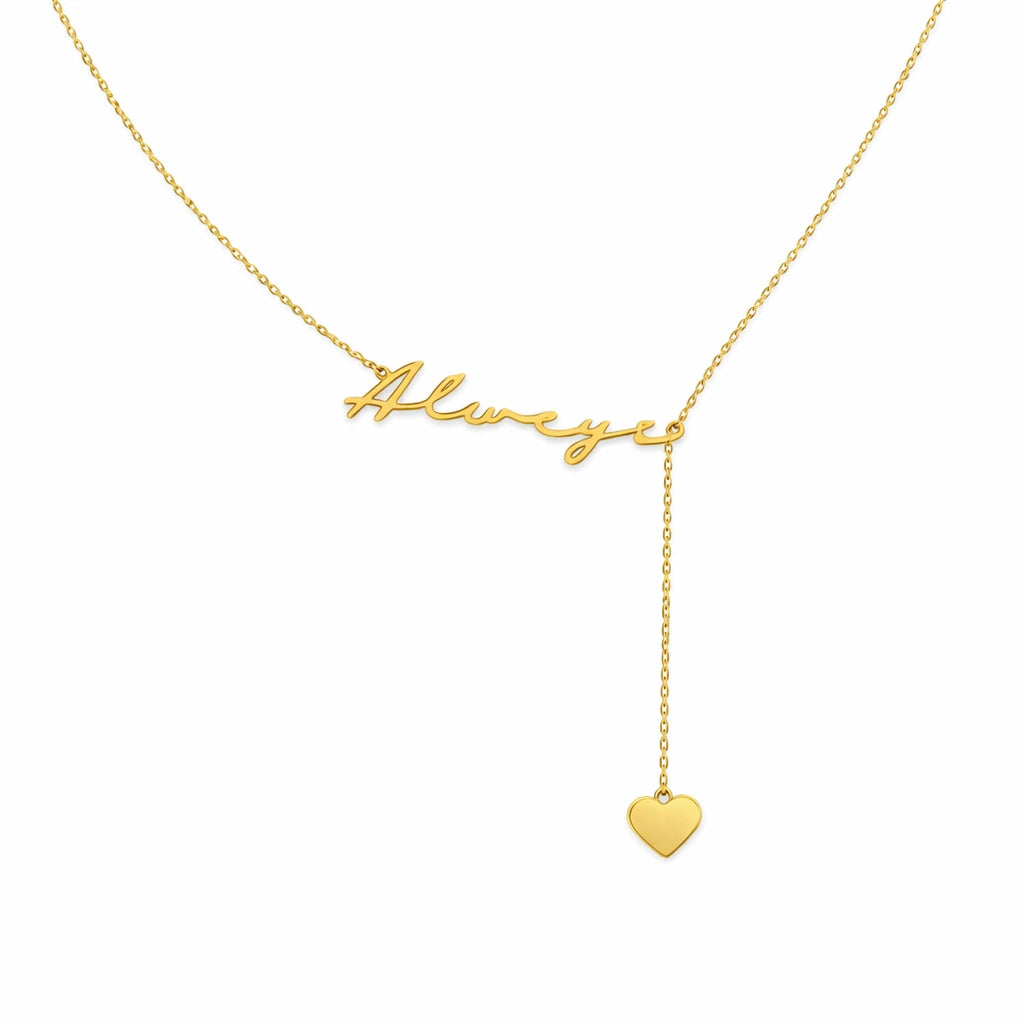 Custom Script Name & Heart Charm Y-Lariat Necklace – Personalized Lariat Nameplate with Dainty Heart Pendant