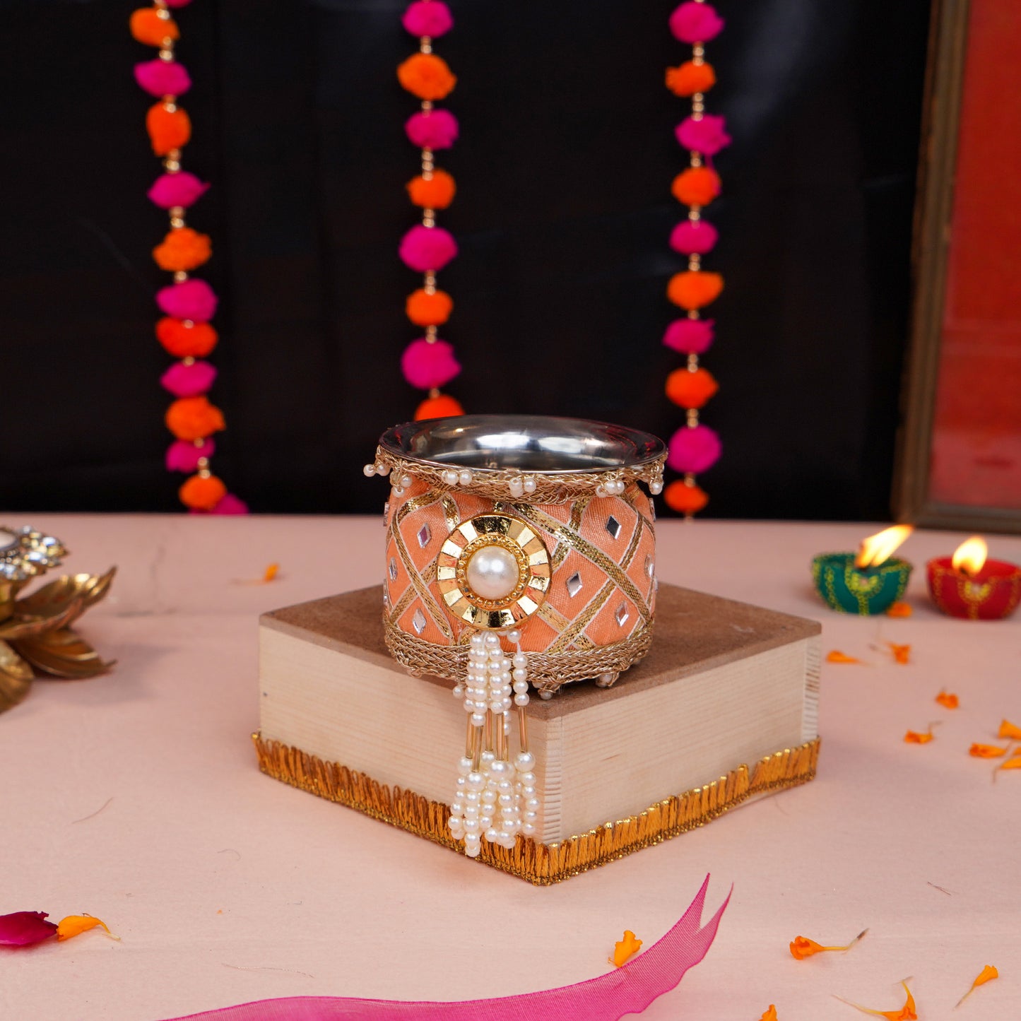 Peachy Mirror Magic Karwa Chauth Thali Set | Peach Colour Star Design