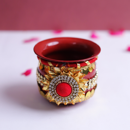 MOSKAI Custom Photo Thali with Gold and Red | Personalized Decorative Pooja Thali