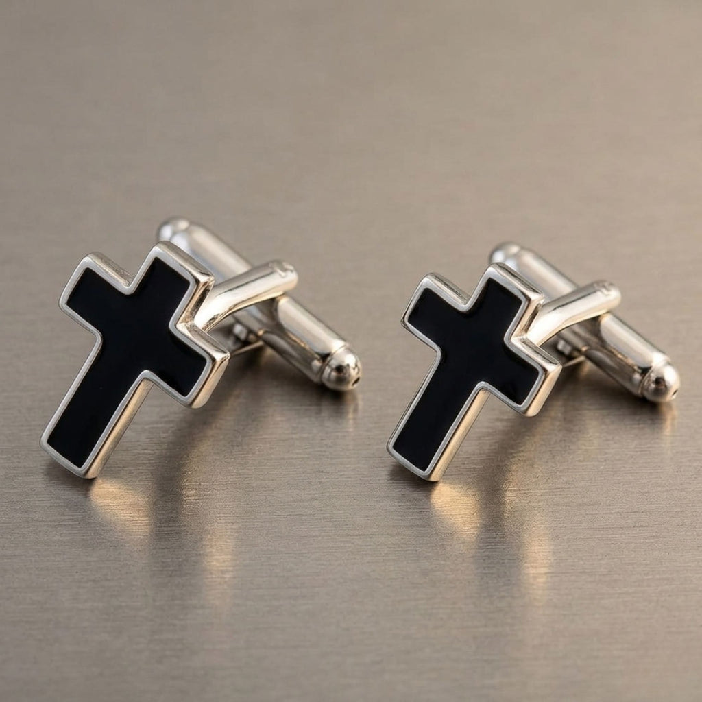 Luxury Men’s Black Cross Cufflinks - Religious Faith Suit Studs in Premium Brass- Christian Wedding & Professional Office Accessory Gift