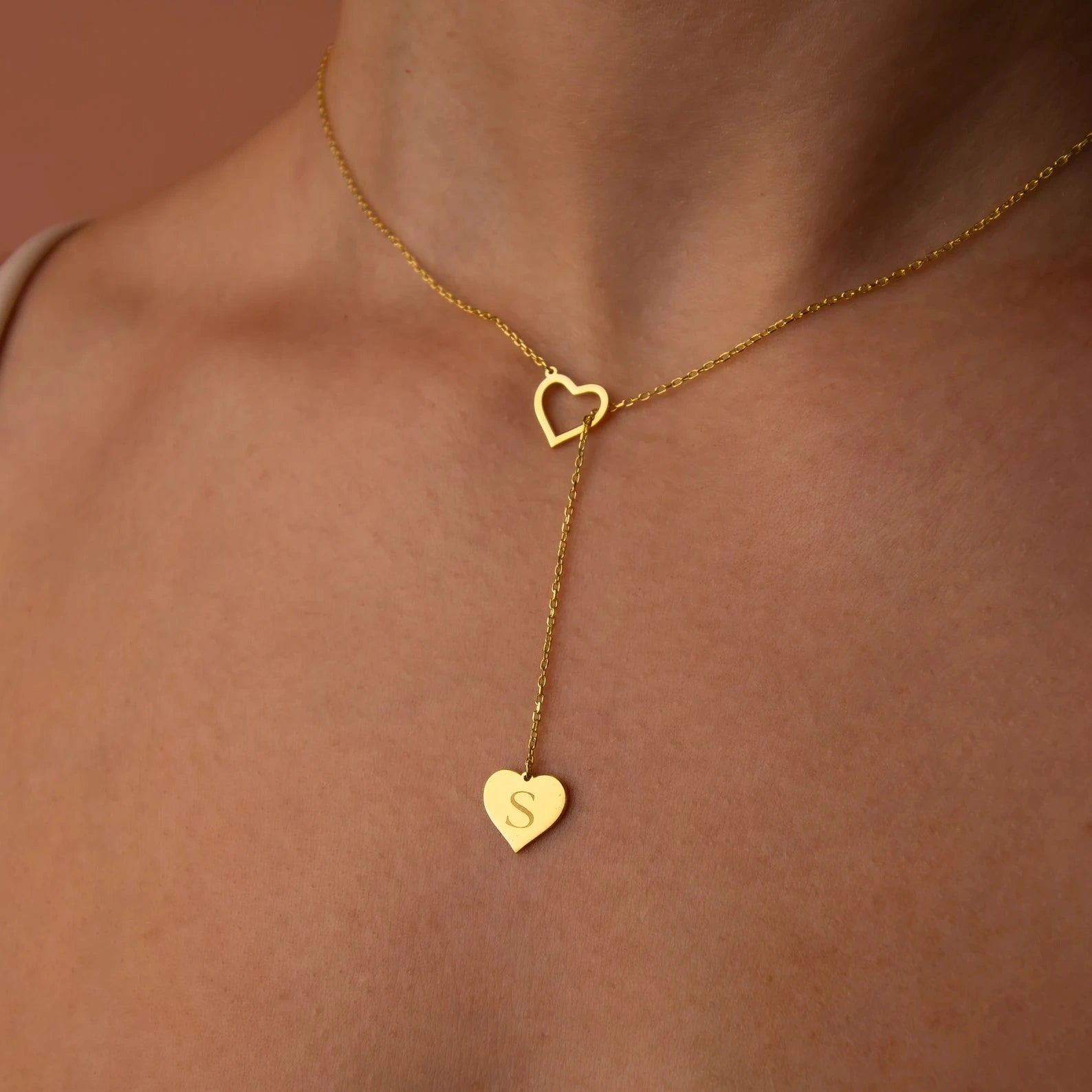 Customised Heart Initial Y-Necklace - Custom Engraved Letter in Heart Lariat Pendant for Women