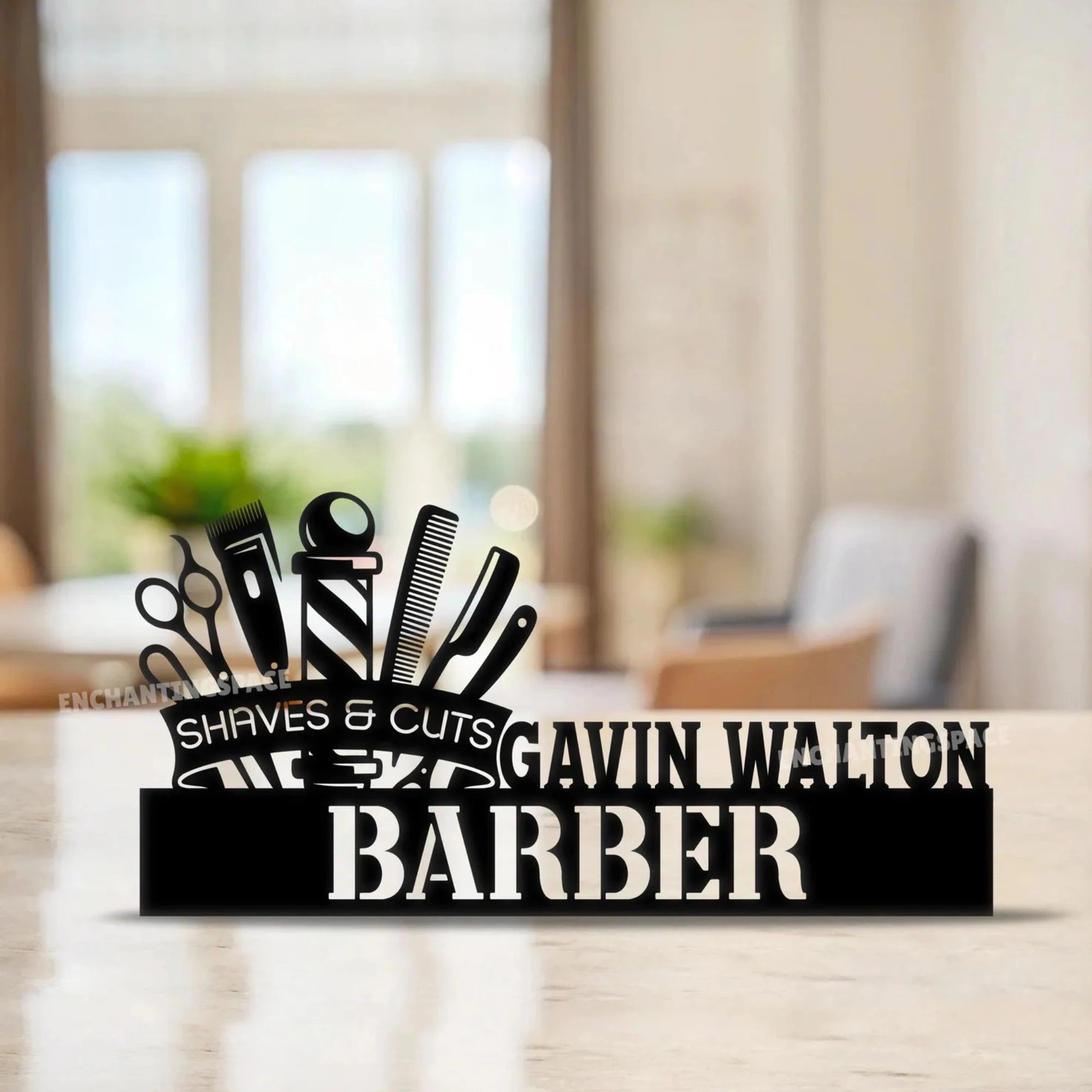 Personalised Barber Desk Name Plate - Personalized Stainless Steel Hairdresser Studio Sign, Professional Barbershop Station Decor
