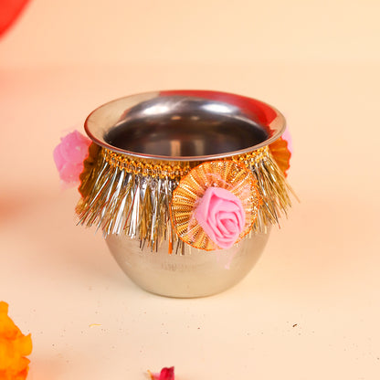 Light Gold Karwa Chauth Thali Set | Steel Pooja Thali with Channi and Kalash
