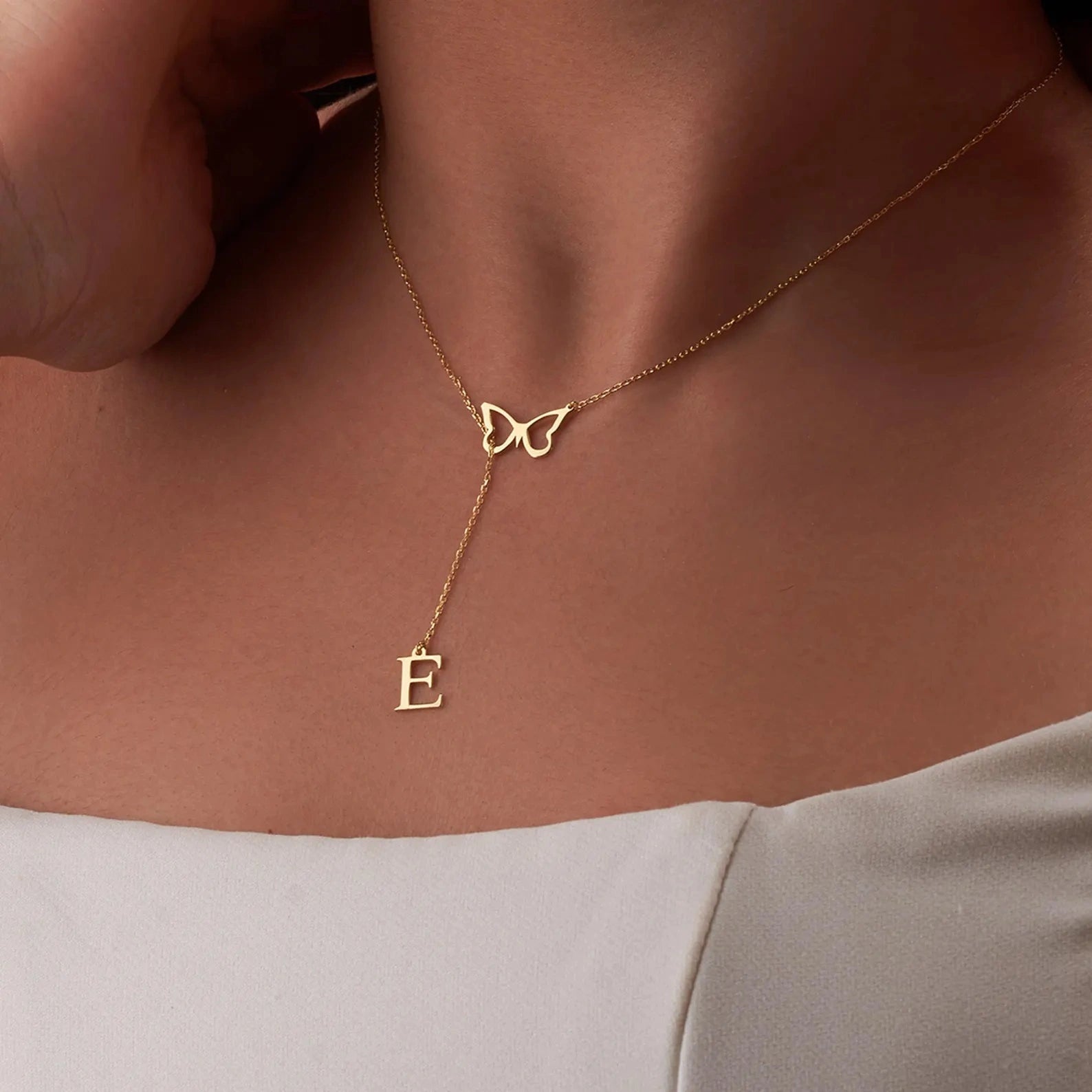 Personalized Butterfly Initial Name Y-Necklace - Custom Drop Alphabet Pendant for Women & Girls
