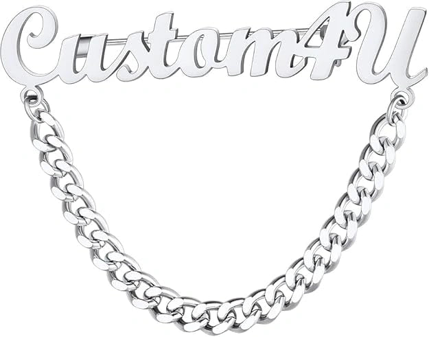 Custom Name Brooch Pin with Chain – Personalized Gold Plated Name Badge for Men & Women