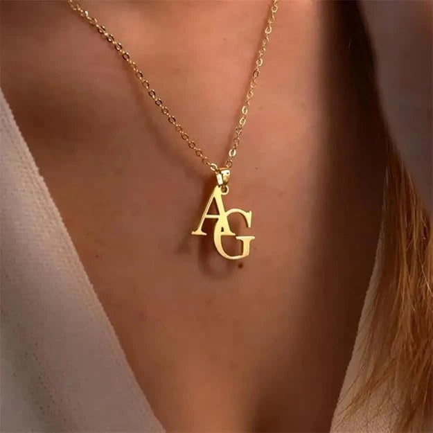 Personalized Brass Couple Initials Pendant Necklace - Custom Alphabet Nameplate Jewelry – Unique Anniversary & Valentine’s Day Gift for Men & Women