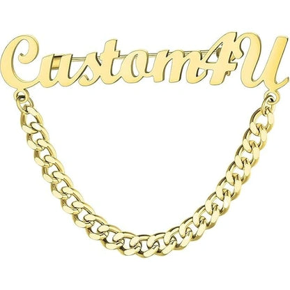 Custom Name Brooch Pin with Chain – Personalized Gold Plated Name Badge for Men & Women
