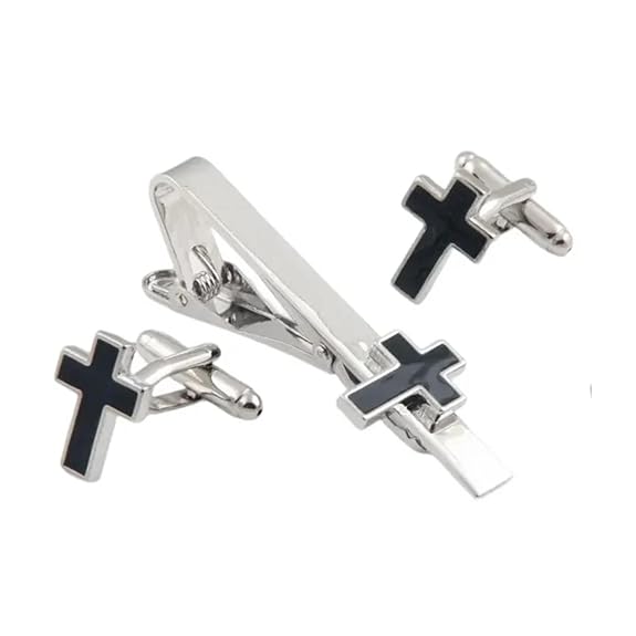 Moskai Silver Finish Black Enamel Cross Shape Cufflinks & Tie Clip Set