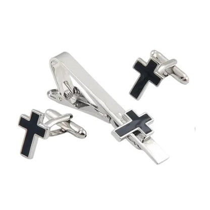 Moskai Silver Finish Black Enamel Cross Shape Cufflinks & Tie Clip Set