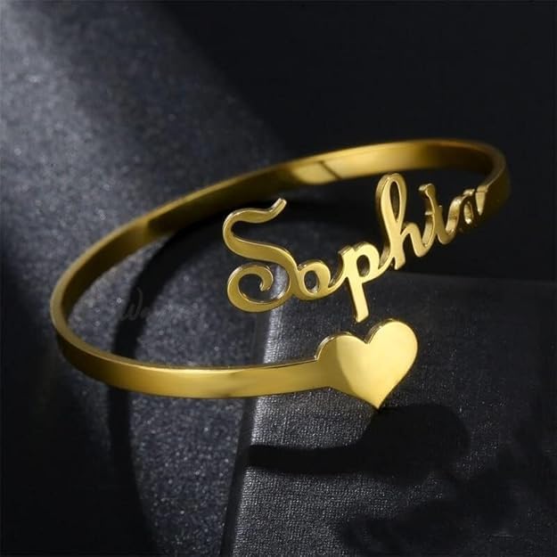 Personalised Name Cuff Bracelet for Women & Girls | Customised Name Kada Bangle with Heart | Stainless Steel Gold Plated Personalised Jewellery Gift for Her