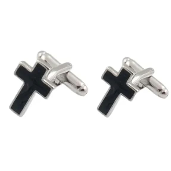 Moskai Black Cross Enamel Cufflinks and Tie Pin Set for Men