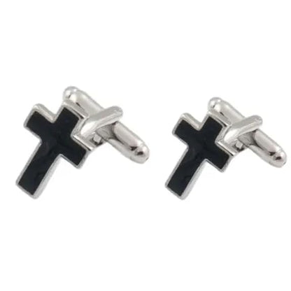 Moskai Silver Finish Black Enamel Cross Shape Cufflinks & Tie Clip Set