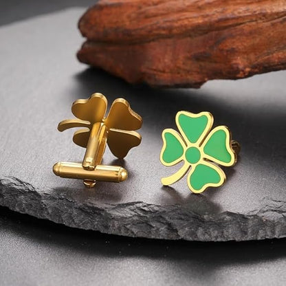 Moskai Green Clover Enamel Cufflinks for Men Formal Wear
