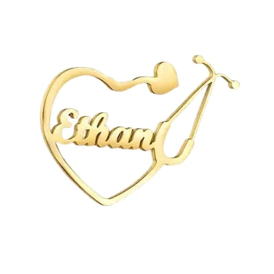 Personalized Heart Shape Stethoscope Name Brooch – Custom Medical Lapel Pin