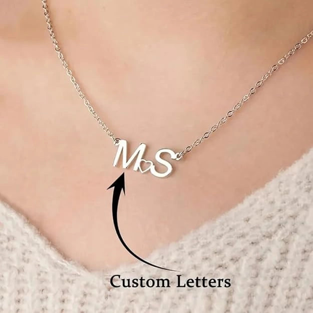 Personalized Couple Initial Necklace with Heart - Custom Two Letter Nameplate Pendant for Women