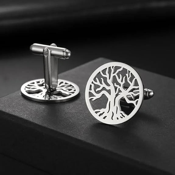 Tree of Life Cufflinks for Men in Premium Brass Metal Designer Round Cufflink Set for Wedding Suit Tuxedo and Formal Wear Stylish Groom Cufflinks for Men Gift Box Luxury Office Wear Accessories