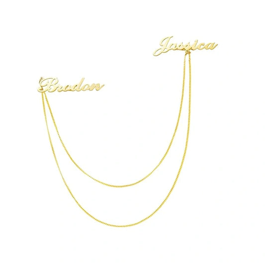 Personalized Double Name Brooch with Gold Chain | Custom Name Lapel Pin for Men & Women | Stylish Gold Plated Coat Brooch for Blazer, Suit & Wedding