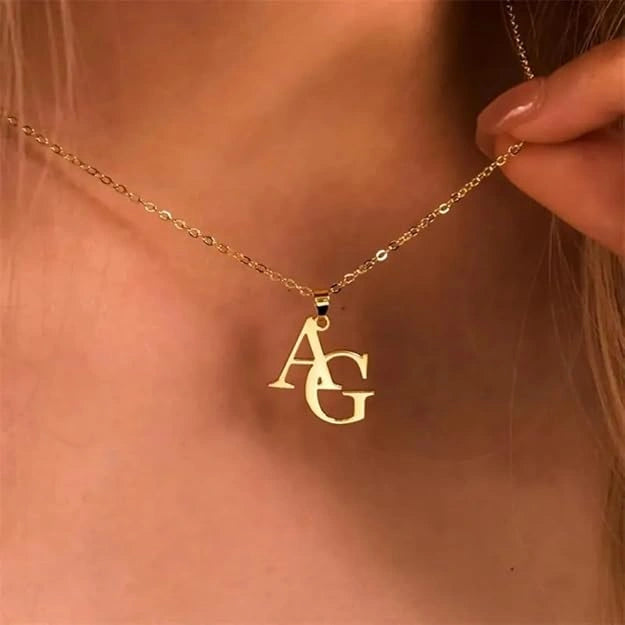 Personalized Brass Couple Initials Pendant Necklace - Custom Alphabet Nameplate Jewelry – Unique Anniversary & Valentine’s Day Gift for Men & Women