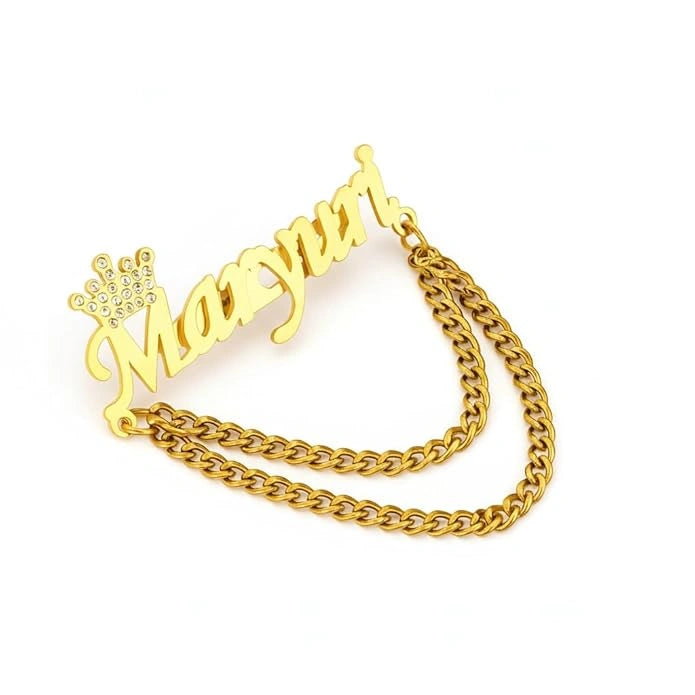 Personalized Name Brooch with Stone Crown Design | Custom Name Chain Brooch Pin for Men & Women | Stylish Alphabet Name Badge Jewelry Gift