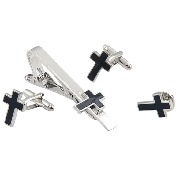 Moskai Black Cross Enamel Cufflinks and Tie Pin Set for Men