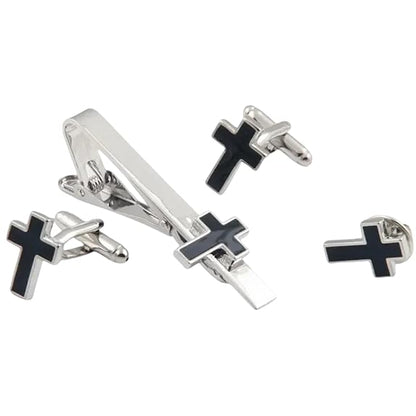 Moskai Black Cross Enamel Cufflinks and Tie Pin Set for Men