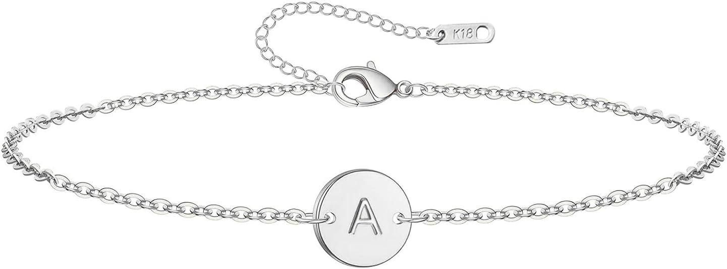 ersonalised Initial Alphabet Chain Bracelet for Women & Girls | Custom Silver Plated Round Disc Letter Bracelet | Stainless Steel Minimalist Jewellery Gift for Her