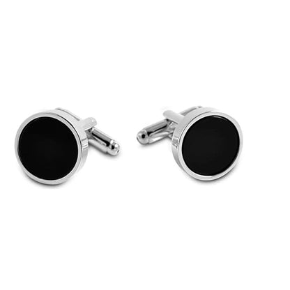 Moskai Silver Finish Black Round Enamel Cufflinks & Tie Clip Set for Men