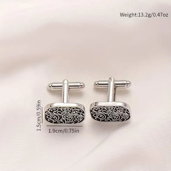 Classic Retro Roman Pattern Cufflinks for Men, Silver Tone Black Enamel Ornamental Cuff Links for Formal Shirts, Designer Shirt Cufflinks for Wedding, Business, Office & Special Occasions, Stylish Men's Accessories