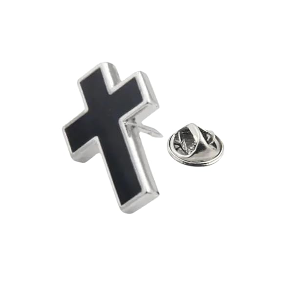 Moskai Men’s Black Cross Enamel  Lapel Brooch Pin Silver Metal Christian Cross Badge