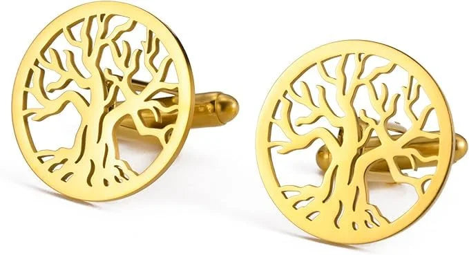 Tree of Life Cufflinks for Men in Premium Brass Metal Designer Round Cufflink Set for Wedding Suit Tuxedo and Formal Wear Stylish Groom Cufflinks for Men Gift Box Luxury Office Wear Accessories