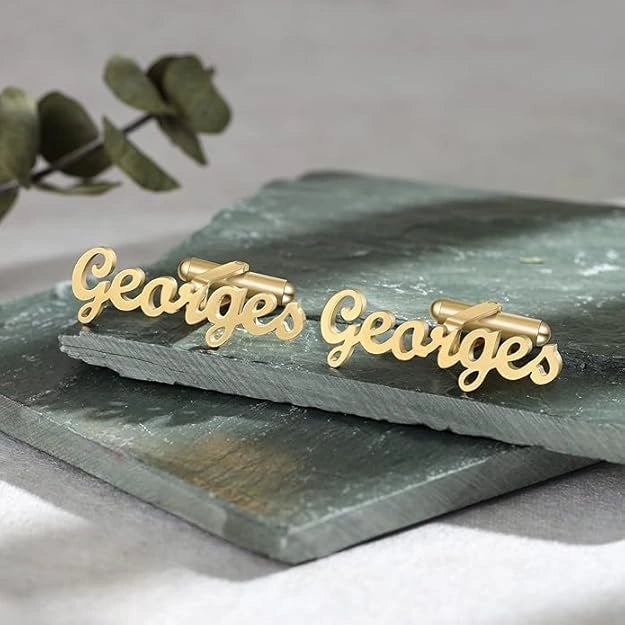 Custom Name Cufflinks for Men - Personalized Modern Cursive Lettering in Brass