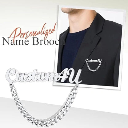 Custom Name Brooch Pin with Chain – Personalized Gold Plated Name Badge for Men & Women