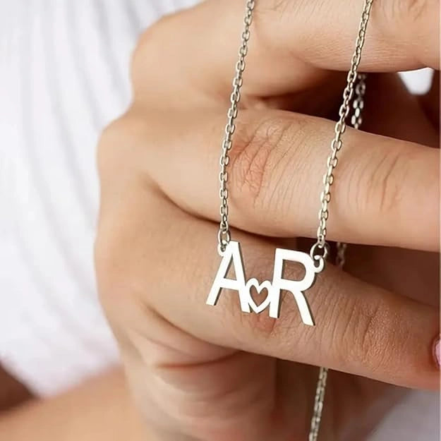 Personalized Couple Initial Necklace with Heart - Custom Two Letter Nameplate Pendant for Women