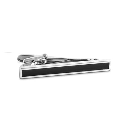 Moskai Silver Finish Black Round Enamel Cufflinks & Tie Clip Set for Men