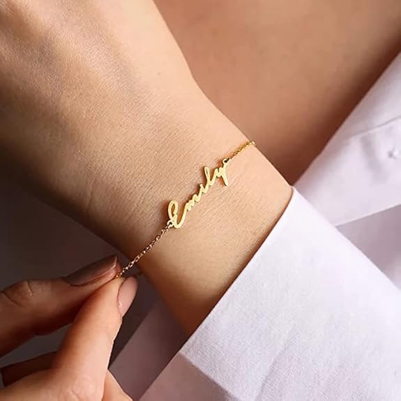 Personalised Name Chain Bracelet for Women & Girls | Customised Script Font Nameplate Bracelet | Stainless Steel Gold Plated Custom Jewellery Gift for Her