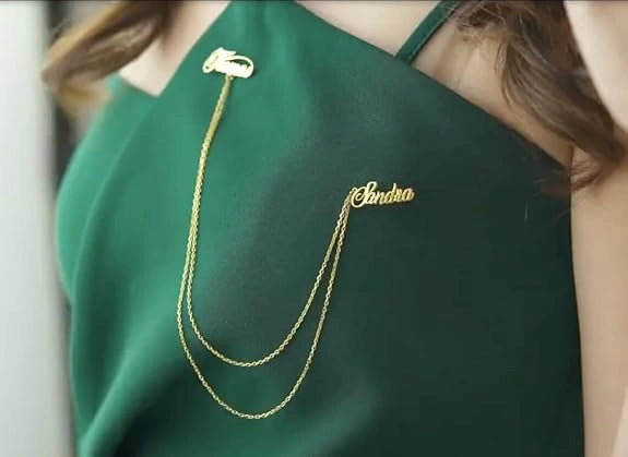 Personalized Double Name Brooch with Gold Chain | Custom Name Lapel Pin for Men & Women | Stylish Gold Plated Coat Brooch for Blazer, Suit & Wedding