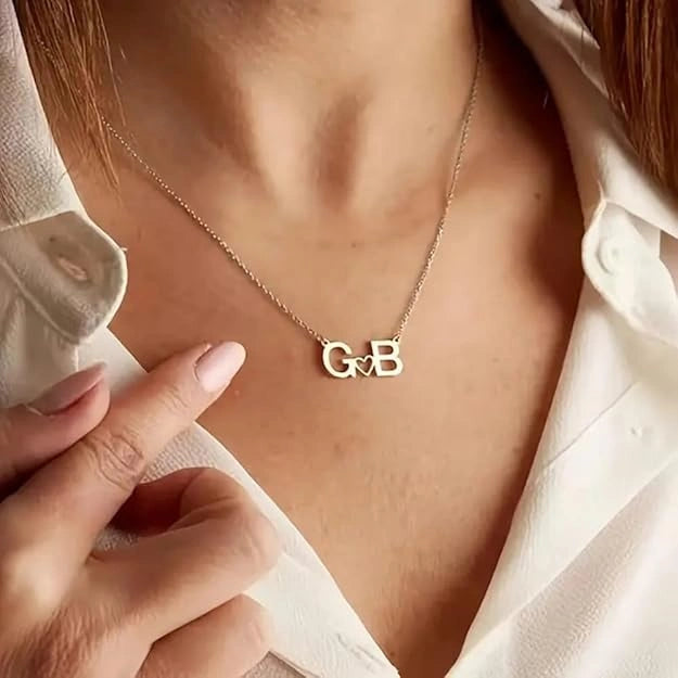 Personalized Couple Initial Necklace with Heart - Custom Two Letter Nameplate Pendant for Women