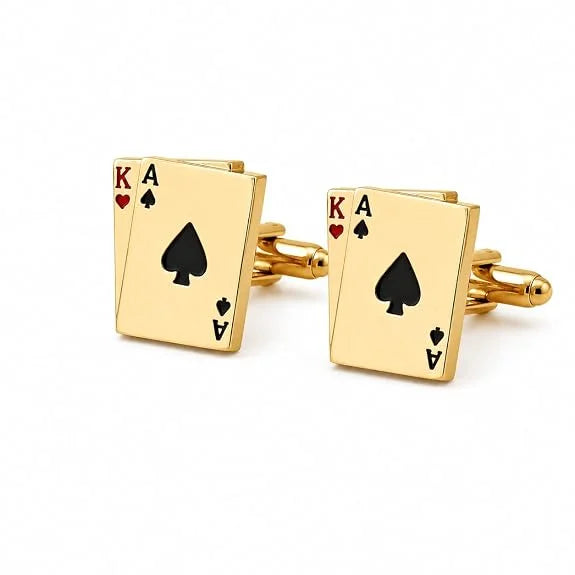 Aces Playing Card Design Cufflinks for Men Formal Shirt | Ace of Spades & King of Hearts Gold Finish Poker Cufflinks | Casino Theme Luxury Designer Cufflinks for Business Suit, Tuxedo, Wedding, Office Wear, Gift for Men