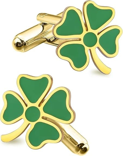 Moskai Green Clover Enamel Cufflinks for Men Formal Wear